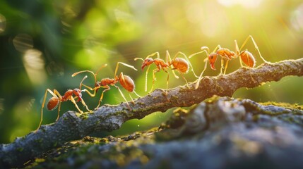 Aufkleber - Ants forming a living chain to transport food across a distance, highlighting their cooperative behavior and resilience.
