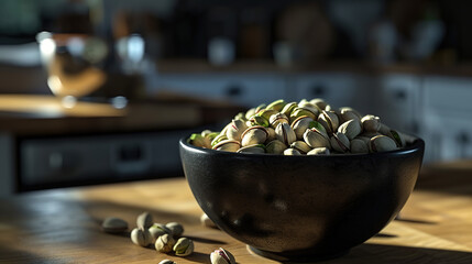 Wall Mural - Black Bowl Filled with Pistachios on Kitchen Table at Eye Level Angle. Nutritious and Tasty Snack Displayed in a Minimalistic and Modern Setting.