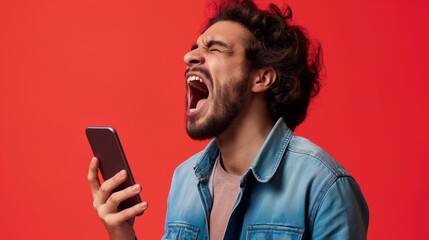 young man with dark hair and beard screaming at his phone isolated on a red background wearing casual clothes holding the smartphone in his hand with strong facial expressions and emotions