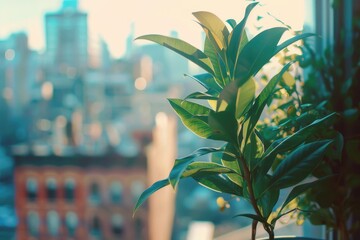 Wall Mural - Closeup of a plant's leaves in a pot, with sunlight streaming in through a window and a blurred urban cityscape in the background