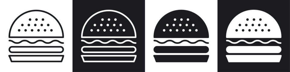 Canvas Print - Hamburger icon set. bun bread burger vector symbol. cheeseburger sign in black filled and outlined style.