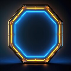 Abstract picture of beautiful geometric shape portal with digital style neon light reflecting set along city view background, create futuristic visual ideal for design science fiction cover. AIG35.