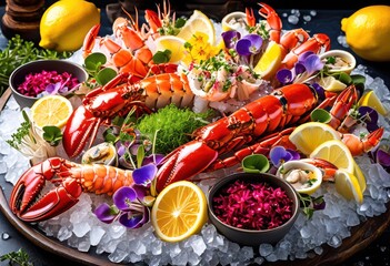 Wall Mural - refreshing seafood platter zesty lemon wedges ice, chilled, prawns, oysters, crab, mussels, scallops, shrimps, lobster, clams, elegant, delicious, appetizing