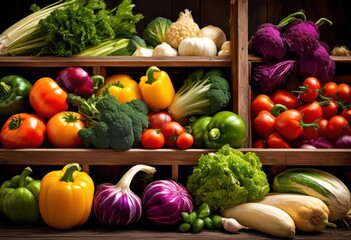 Wall Mural - vibrant rainbow colored vegetables displayed wooden crate healthy eating concept, lgbtq, pride, colorful, love, equality, fresh, organic, nutrition, market
