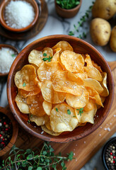 Wall Mural - A bowl of potato chips with a sprinkle of salt and herbs