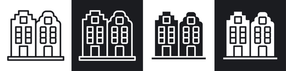 Wall Mural - Amsterdam icon set. holland city house building vector symbol. dutch skyline sign. europe london buildings icon set in black filled and outlined style.