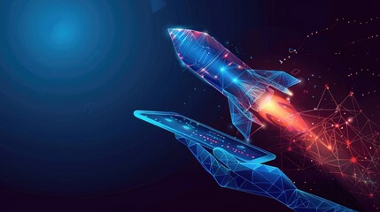 Wall Mural - Digital close-up human hand holding tablet with abstract launching rocket. First-person view of a spaceship which takeoff on dark blue background. Low poly wireframe vector illustration with 3D effect