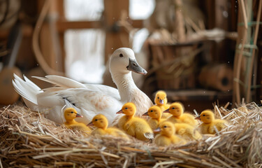 Wall Mural - A mother duck and her ducklings are sitting in a nest made of straw