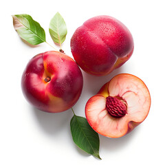 a few peach with leaves, one of which has been cut open to reveal the juicy pulp inside. white backg