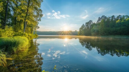 Poster - A bright sun reflecting off the surface of a calm lake surrounded by trees