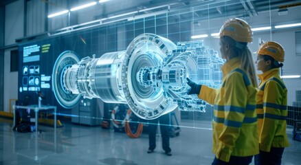 Poster - engineers working on 3d hologram projection of an engine in a high-tech industrial facility