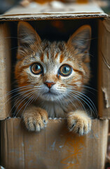 Wall Mural - A cat is peeking out of a cardboard box. The cat has a curious and playful expression on its face
