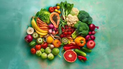 A brain merged with a colorful array of fruits and vegetables, symbolizing the nourishment of intellect and health in contemporary living, Fresh produce surrounding the brain