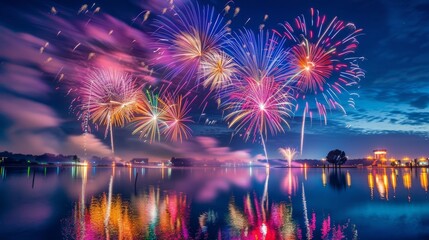 Poster - A dazzling display of colorful fireworks illuminating the night sky over a tranquil lake, with reflections shimmering on the water