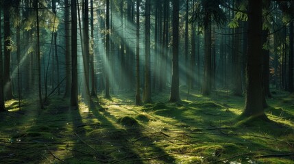 Wall Mural - A dense forest with sunlight streaming through the tall trees, casting long shadows on the forest floor