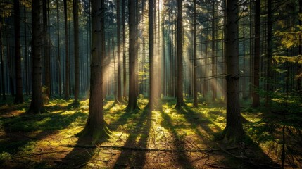 Poster - A dense forest with sunlight streaming through the tall trees, casting long shadows on the forest floor
