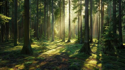 Poster - A dense forest with sunlight streaming through the tall trees, casting long shadows on the forest floor