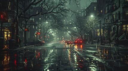 Poster - A desolate city street at night, illuminated by dim streetlights, with shadows cast on the wet pavement.