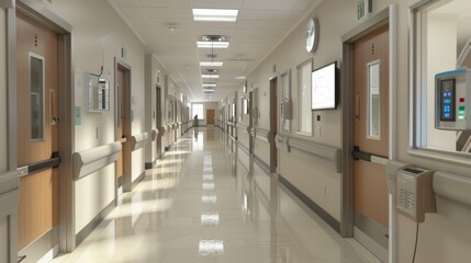 A hospital hallway featuring a row of patient room doors, each with a digital display outside. The corridor is well-lit with modern fixtures and a calming color scheme.