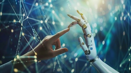 Poster - A human hand and a robot hand reaching out towards each other with a backdrop of digital waves and binary code, highlighting AI's future potential