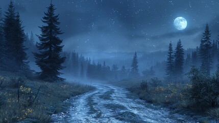 Wall Mural - A lonely rural road under a starless sky, surrounded by tall trees and the faint glow of moonlight.