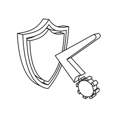 Poster - The outline of a large virus bounces off the shield symbol is made with black lines. 3D view of the object in perspective. Vector illustration on white background