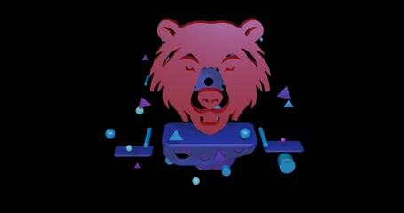 Poster - Red bear head symbol on a pedestal of abstract geometric shapes floating in the air. Abstract concept art with flying shapes in the center. 3d illustration on black background