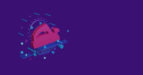 Poster - Pink electric plane symbol on a pedestal of abstract geometric shapes floating in the air. Abstract concept art with flying shapes on the left. 3d illustration on deep purple background