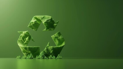 Wall Mural - 3d render of a green recycling symbol made of grass in nature setting with trees