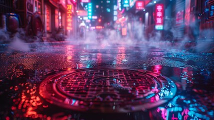 Poster - A neon-lit alleyway with smoke billowing from a manhole cover, reflecting vibrant colors on the wet pavement.