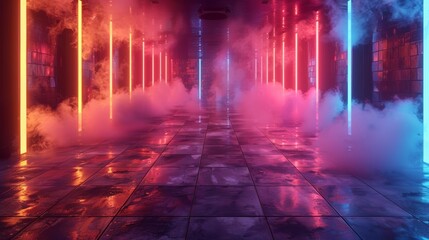 Poster - A neon-lit dance floor with smoke machines creating a dynamic and colorful environment.