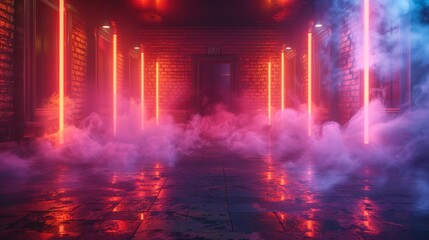 Poster - A neon-lit dance floor with smoke machines creating a dynamic and colorful environment.