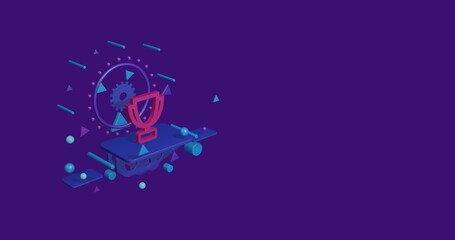 Poster - Pink trophy symbol on a pedestal of abstract geometric shapes floating in the air. Abstract concept art with flying shapes on the left. 3d illustration on deep purple background