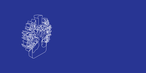 Poster - The outline of a large mystical tree in bottle symbol made of white lines on the left. 3D view of the object in perspective. Vector illustration on indigo background