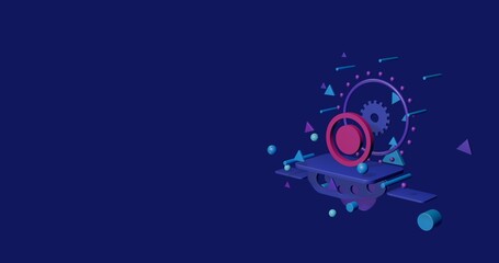 Poster - Pink radio button symbol on a pedestal of abstract geometric shapes floating in the air. Abstract concept art with flying shapes on the right. 3d illustration on indigo background