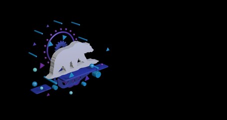 Poster - White wild bear symbol on a pedestal of abstract geometric shapes floating in the air. Abstract concept art with flying shapes on the left. 3d illustration on black background