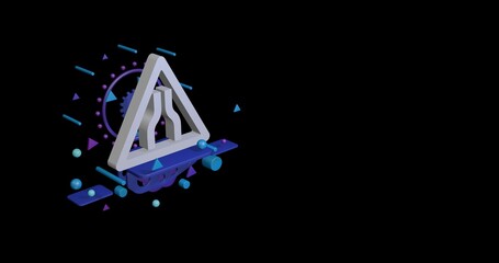 Poster - White road narrowing sign on a pedestal of abstract geometric shapes floating in the air. Abstract concept art with flying shapes on the left. 3d illustration on black background