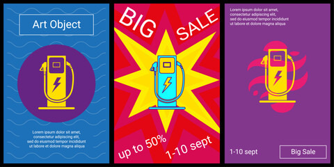 Poster - Trendy retro posters for organizing sales and other events. Large electric charging station symbol in the center of each poster. Vector illustration on black background
