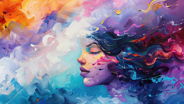 A vibrant and colorful painting of an woman with her hair flowing in the wind. Craeted with Ai
