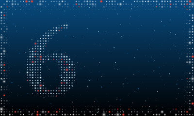 Poster - On the left is the number six symbol filled with white dots. Pointillism style. Abstract futuristic frame of dots and circles. Some dots is red. Vector illustration on blue background with stars