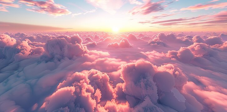 3d rendering of pink sunset sky with clouds. Beautiful fantasy background. heaven, dreamy, heaven landscape. Aerial view from above. wide panorama