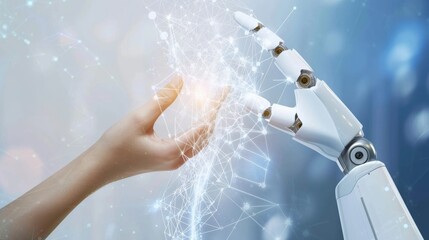 Aufkleber - A robot hand and human hand touching, with a digital network overlay, symbolizing artificial intelligence and technological innovation