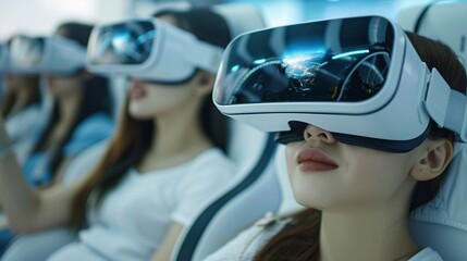 Poster - An immersive advertisement for a new virtual reality headset, demonstrating various VR experiences, from gaming to travel to educational content, with close-ups of the headset and users' reactions