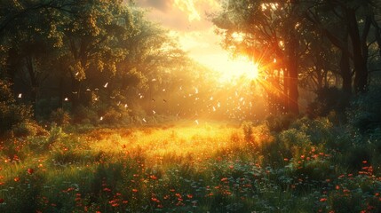 Poster - A serene forest glade bathed in golden sunlight, with birds flying overhead.