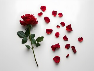 Sticker - Single Red Rose with Delicate Petals on White Background Symbolizing Love and Beauty