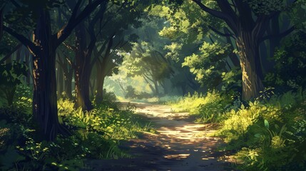 Poster - A serene forest path bathed in warm sunlight, with dappled light filtering through the leaves