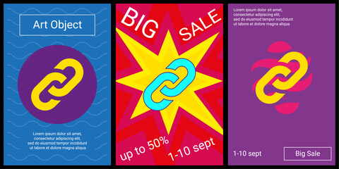 Poster - Trendy retro posters for organizing sales and other events. Large chain symbol in the center of each poster. Vector illustration on black background