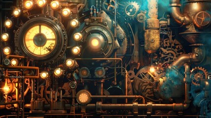 Wall Mural - A steampunk illustration with gears, pipes, lights and steam.