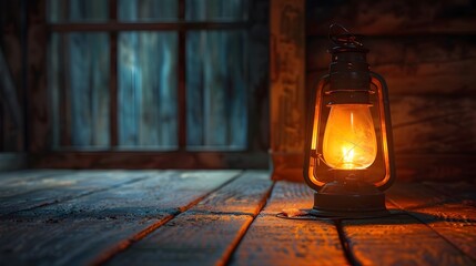 Poster - Warm and Nostalgic Glow of a Dimly Lit Oil Lamp in a Rustic Interior