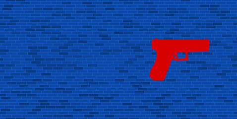 Poster - Blue Brick Wall with large red gun symbol. The symbol is located on the right, on the left there is empty space for your content. Vector illustration on blue background